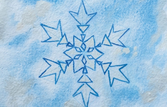 Alt text: watercolor painting of a snowflake in blue
