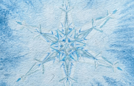 Alt text: watercolor painting of a snowflake in blue