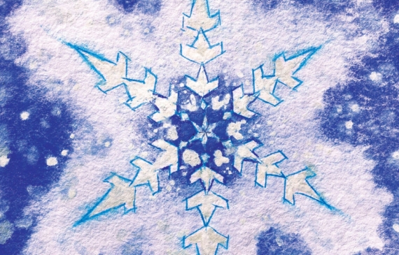 Alt text: watercolor painting of a snowflake in purple and blue