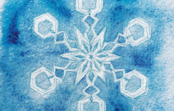 Alt text: watercolor painting of a snowflake in blue and white