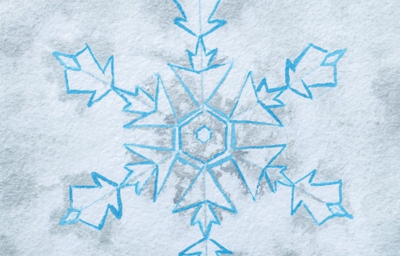 Alt text: watercolor painting of a snowflake in blue