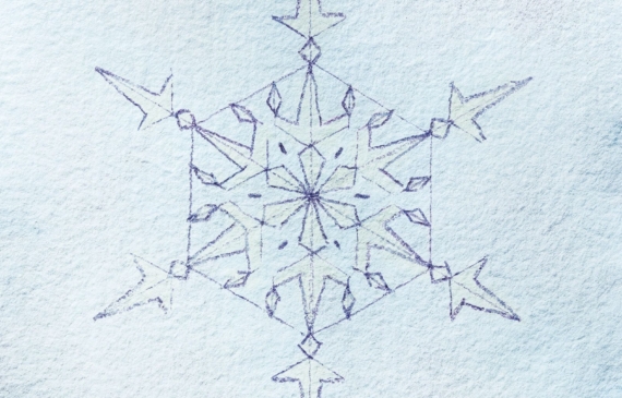 Alt text: watercolor painting of a snowflake in blue