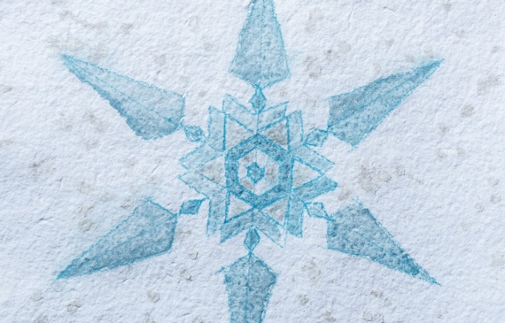 Alt text: watercolor painting of a snowflake in blue