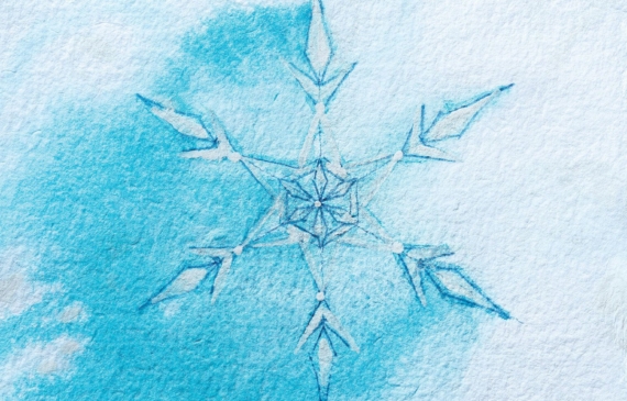 Alt text: watercolor painting of a blue and white snowflake