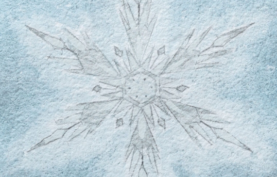 Alt text: watercolor painting of a snowflake in blue and grey