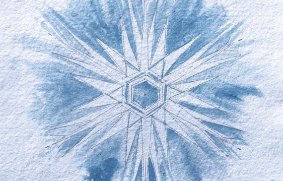 Alt text: watercolor painting of a blue and white snowflake