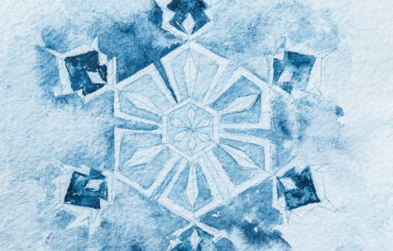 Alt text: watercolor painting of a blue and white snowflake
