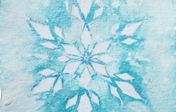 Alt text: watercolor painting of a snowflake in blue