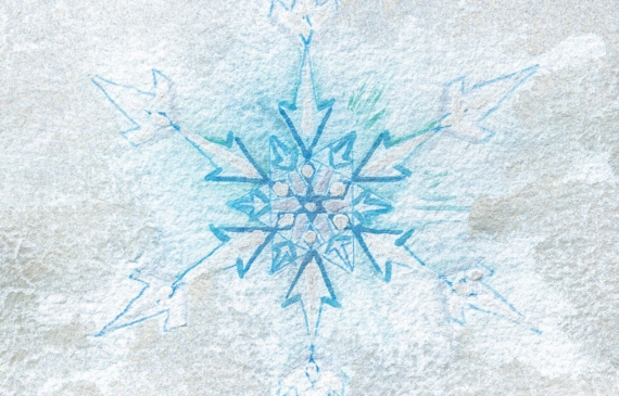 Alt text: watercolor painting of a snowflake in grey and blue