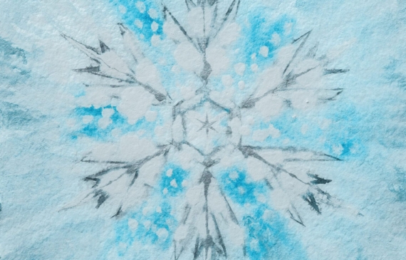 Alt text: watercolor painting of a snowflake in blue and grey