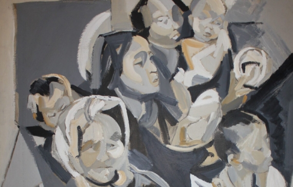 Alt text: Close-up painting of a group of people