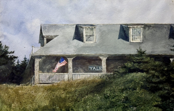 Alt text: Watercolor painting of a house with an American flag
