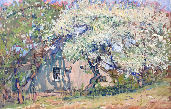 Alt text: Painting of flowering tree in bloom