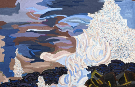 Alt text: Abstracted painting of surf and rocks