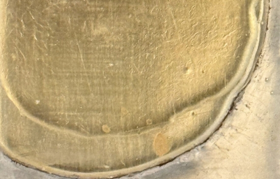 Alt text: Mixed media artwork with gold and silver