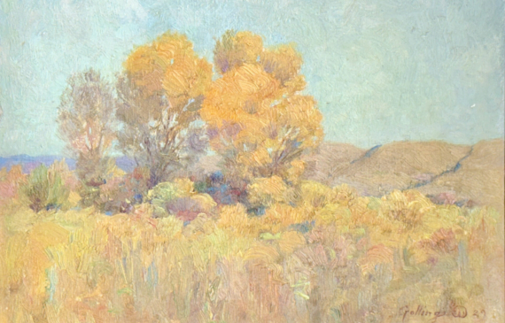 Alt text: Oil painting of a yellow landscape