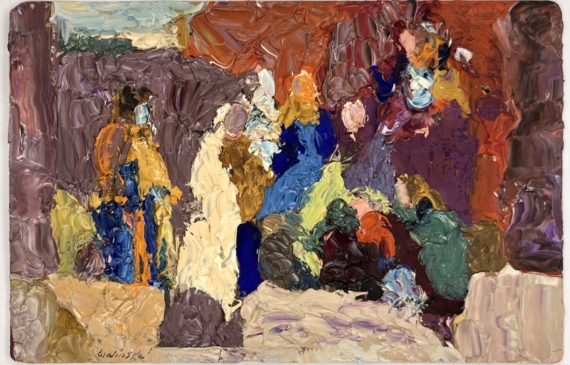 Alt text: Abstracted oil painting of a group of people in a desert