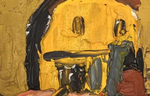 Alt text: Abstracted oil painting of a building in a desert