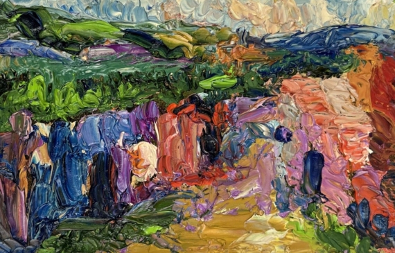 Alt text: Abstracted oil painting of a colorful landscape