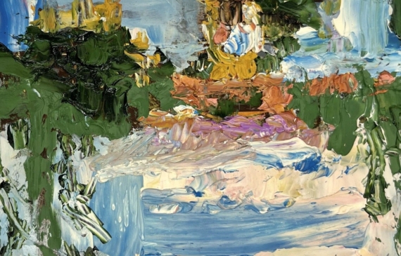 Alt text: Abstracted oil painting of a waterscape