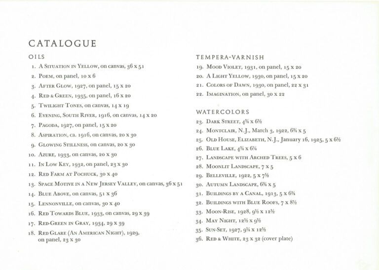 Catalogue page 1 of artworks featured in Oscar Bluemner 1967 show