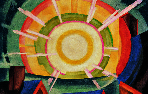 Alt text: Painting of a colorful sun over houses