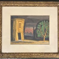 Alt text: Watercolor painting of a yellow house and tree, framed