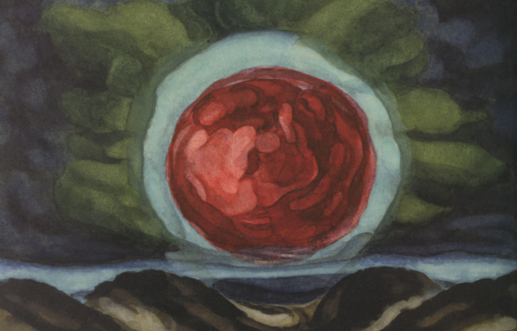 Alt text: Painting of a red sun with green sky