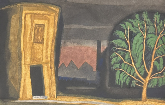 Alt text: Watercolor painting of a yellow house and tree