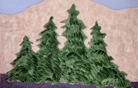 Alt text: Painting of fir trees in front of pink mountains